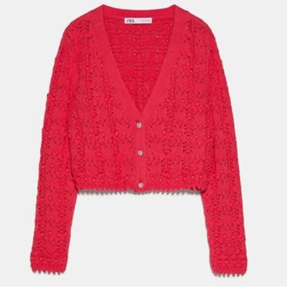 Zara Pink Crochet Cropped Long Sleeve Cardigan Bright Pink Gems Size Medium - Picture 1 of 11